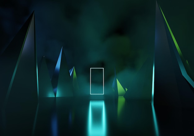 3D-Rendering, abstrakter Hintergrund, kosmische Landschaft, quadratisches Portal, buntes Neonlicht