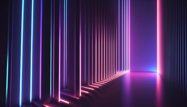 3D-Rendering abstrakter minimaler Hintergrund vertikale rosa blaue Neonlinien, die im ultravioletten Spektrum leuchten Ai erzeugt