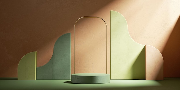 3D-Rendering abstrakter Terrakotta-Hintergrund mit grünen geometrischen Formen, leerem Podium und goldenem Bogen