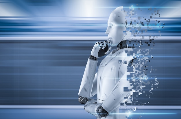 3D-Rendering-Ai-Roboterexplosion mit pixeligem Effekt