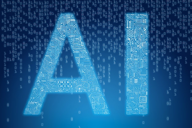 3D-Rendering-AI-Text mit Schaltungsmuster auf digitalem blauem Hintergrund