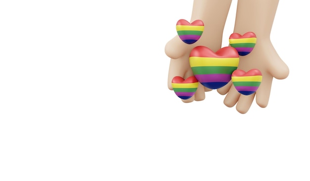 3D Rendering arco iris icono mano sosteniendo corazón con espacio para texto concepto de apoyo para el mes del desfile del orgullo de la comunidad LGBTQ aislado sobre fondo blanco 3D Render ilustración estilo de dibujos animados