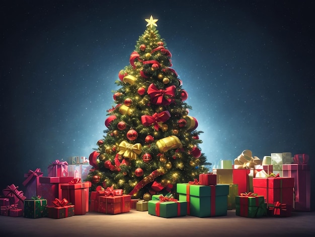 Foto 3d rendering árvore de natal decorada com brinquedos e presentes