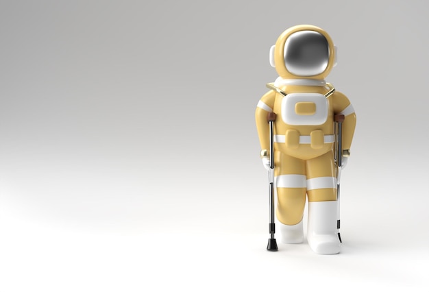 3D-Rendering Astronaut mit Krücken deaktiviert, um 3D-Illustrationsdesign zu gehen.