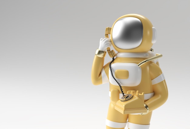 3d-Rendering Astronaut ruft Geste mit altem Telefon 3d-Illustration Design