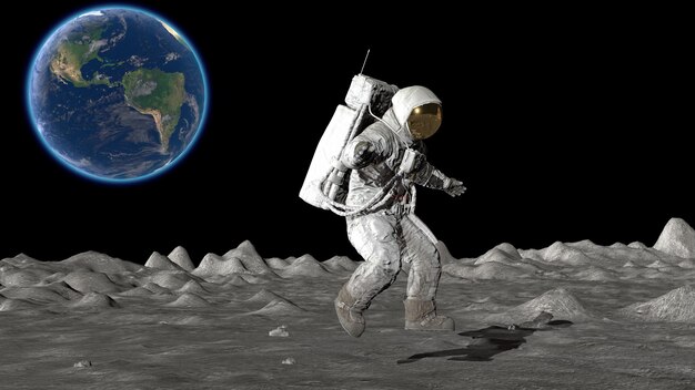 Foto 3d-rendering astronaut springt auf dem mond cg-animation elemente dieses bildes von der nasa geliefert