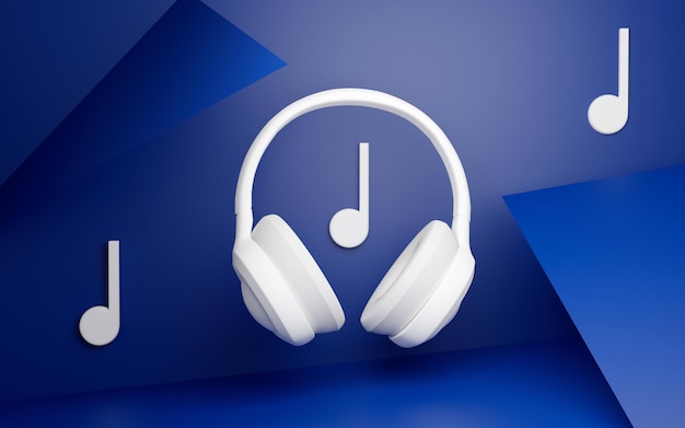 3D Rendering auriculares blancos con notas musicales sobre fondo azul Banner horizontal