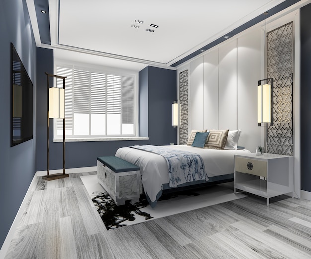 3D rendering azul de lujo chino dormitorio suite en hotel resort