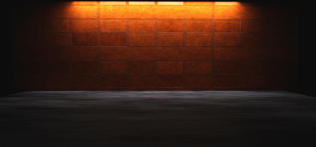 3d-rendering backsteinmauer hintergrund neon orange gelb licht betonboden abstrakt leerer raum