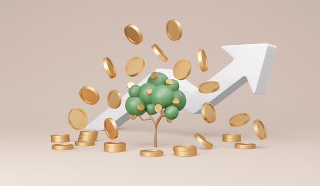 3D-Rendering-Bäume mit herunterfallenden Münzen und aufsteigendem Pfeildiagramm auf dem Hintergrundkonzept der Geldbaum-Finanzanlage. 3D-Render-Abbildung. Wirtschaftswachstum.