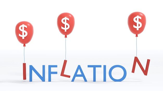 3D-Rendering-Ballon mit Dollar-Symbol, das ILN aus dem Wort INFLATION-Konzept der Geldinflation nimmt