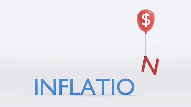 3D-Rendering-Ballon mit Dollar-Symbol, das N aus dem Wort INFLATION-Konzept der Geldinflation nimmt