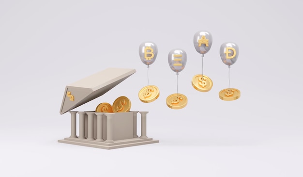 3D-Rendering Bank-Icon-Dach offen und Krypto-Ballons bringen Dollar in die Luft Konzept der Kryptowährung ersetzt Fiat-Währung Future Financial. 3D-Render-Illustration.