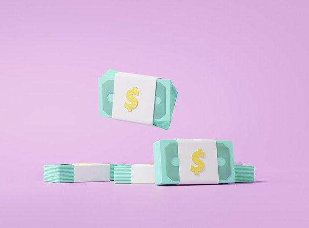 3D-Rendering Banknoten Dollar grüne Bargeldstapel auf violettem pastellfarbenem Hintergrund Geld Sparkonzept zur Kostensenkung. minimaler karikaturstil, illustration