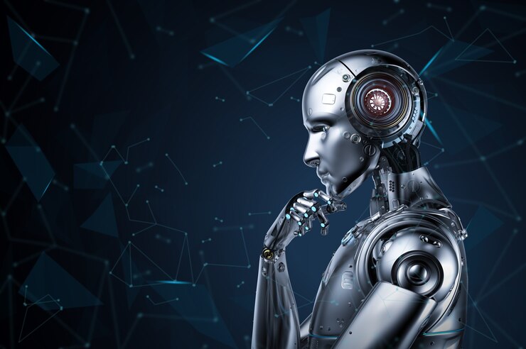 Foto 3d-rendering, bei dem ein robot denkt oder berechnet