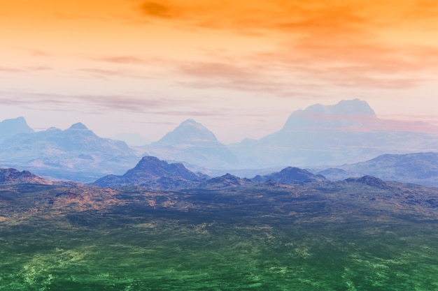 3D-Rendering Bergtal am Abend Sonnenuntergang Landschaft rendern