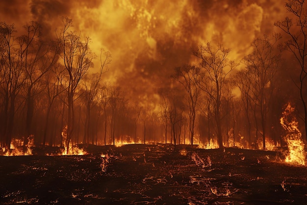 3D-Rendering-Bild von weit verbreiteten Waldbränden, die Umweltverschmutzung und globale Erwärmung verursachen