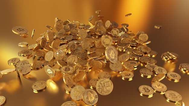 3D-Rendering Bitcoins, die auf einen Haufen fallen