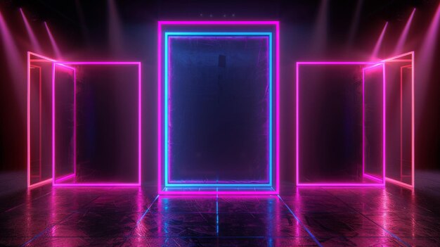 3D-Rendering blau rosa neon quadratischer Rahmen leerer Raum ultraviolettes Licht 80er Jahre Retro-Stil Mode sh