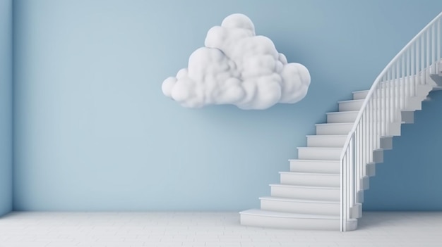 3D-Rendering blaue Wolke auf weißem Treppenhaus minimalistische generative KI