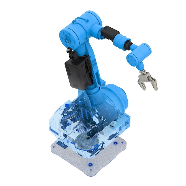 3D-Rendering blauer Drahtmodell-Roboterarm auf weißem Hintergrund