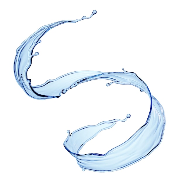 3D-Rendering blauer Wasserstrahlwellen-Splash-Clip-Art isoliert auf weißem Hintergrund