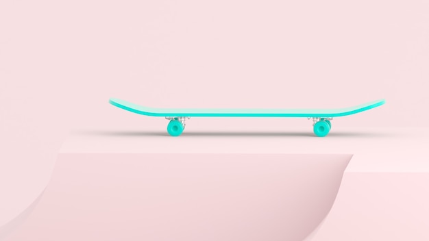 3D-Rendering blaues Skateboard auf hellrosa Hintergrund