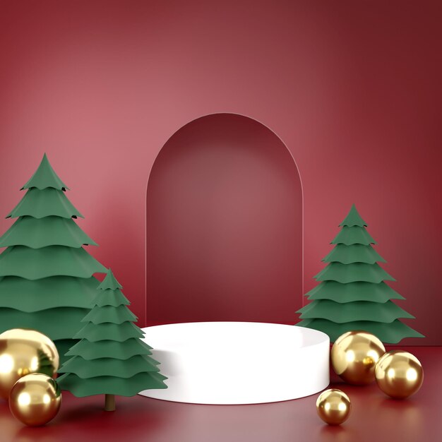 3D rendering bola de navidad y árbol de navidad sobre fondo rojo.