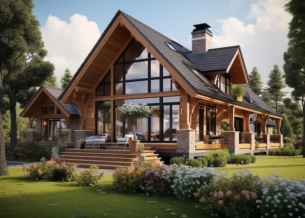 3d rendering bonita casa de madera de estilo clásico moderno en un hermoso pueblo