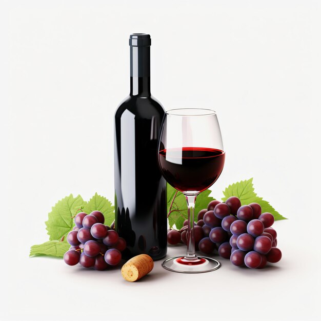 3d rendering de botellas de vino rojo, vasos y uvas aisladas de IA generativa