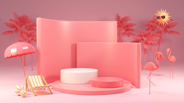 3D-Rendering Box Podium Palmblätter mit Sommerhintergrund