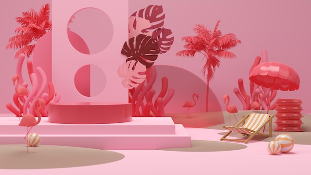Foto 3d-rendering box podium palmblätter mit sommerhintergrund