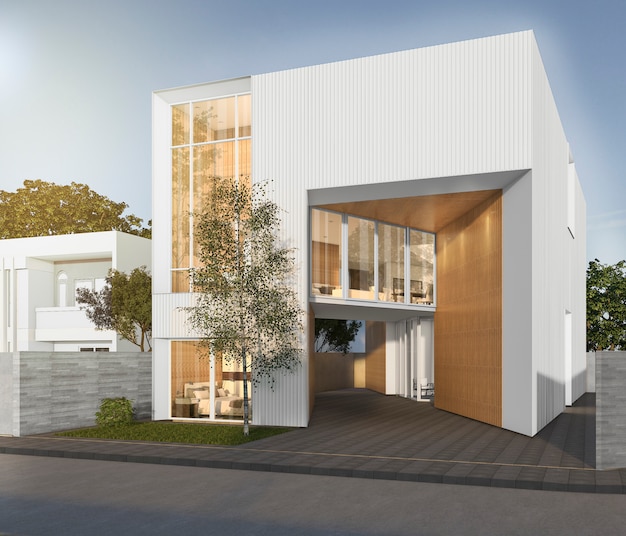 3d rendering branco casa cúbica com design moderno