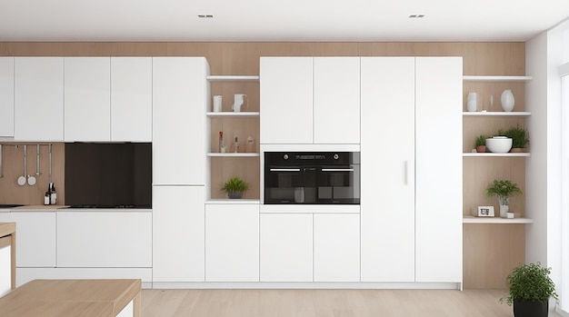 Foto 3d rendering branco minimal cozinha com decoração de madeira
