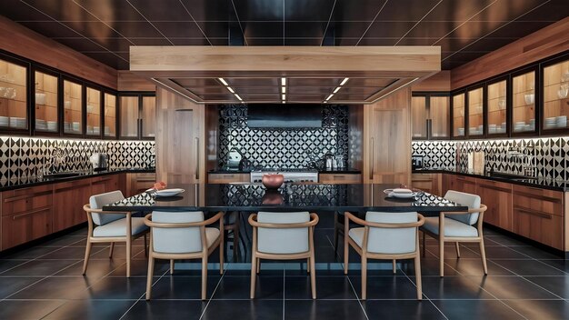 3d rendering buena vista cocina de madera con azulejos negros