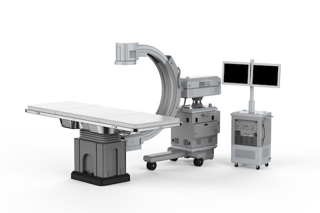 3D-Rendering C-Bogen-Maschine mit Monitor auf weißem Hintergrund