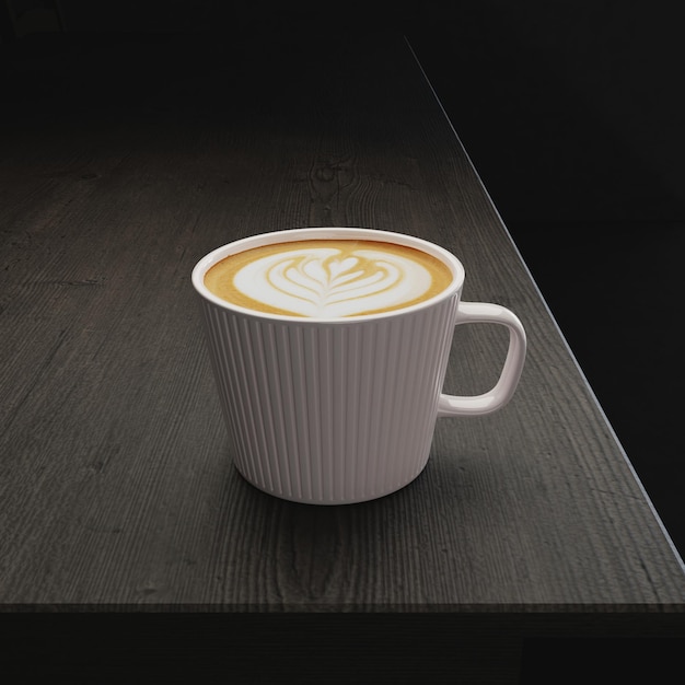 3D rendering café caliente latte art closeup en mesa de comedor