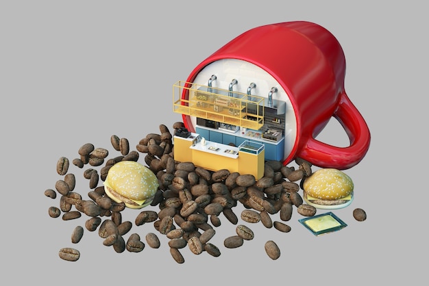 3D-Rendering-Café- und Kaffeebohnenelemente