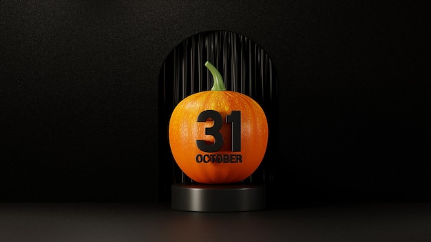 3D Rendering calabaza halloween 31 de octubre en cortina y maqueta de podio negro moderno de lujo