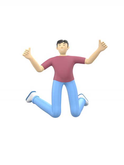 3D-Rendering-Charakter eines asiatischen Mannes, der springt und tanzt und seine Hände hochhält. Glückliche Cartoonleute