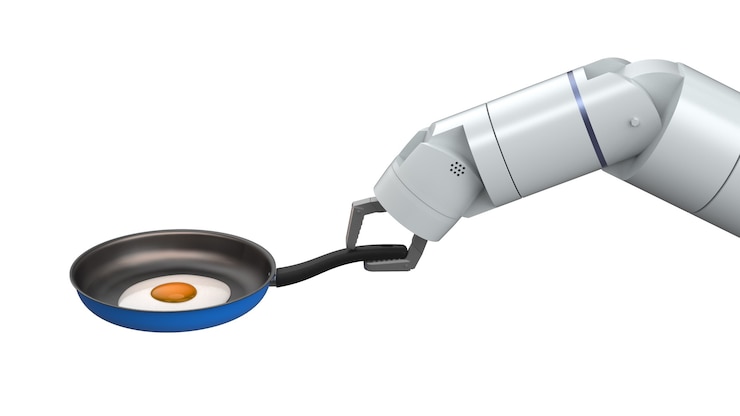 Foto 3d rendering chef robot mantenga sartén aislado en blanco