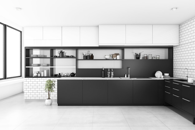 3D rendering cocina negra con pared de ladrillo