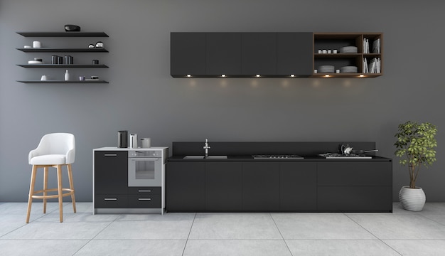 3D rendering cocina negra con sala de diseño minimalista