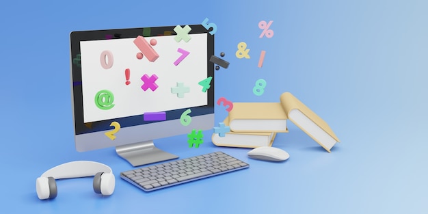 3D-Rendering Computer mit Maus und Tastatur und Buchmathematik E-Learning Online-Bildungskonzept kopieren Raum Hintergrund