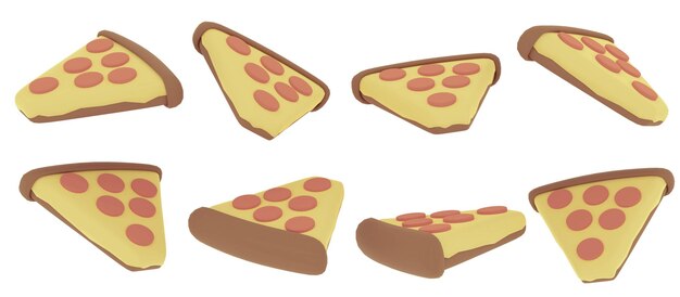 Foto 3d rendering conceito de comida conjunto de fatias giratórias de pizza em muitas visualizações girar em diferentes ângulos isolados em fundo branco 3d render 3d ilustração