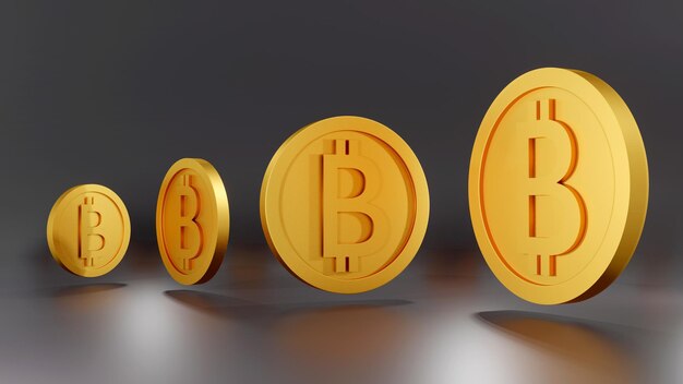 Foto 3d rendering conceito de pequeno a grande de moedas de ouro com b nas moedas que se referem à criptomoeda bitcoin ou design comercial render 3d