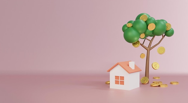 3D Rendering concepto de inversión Un árbol de dinero con monedas cayendo y casa en el fondo