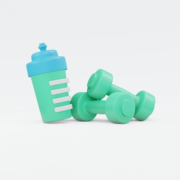 3D Rendering conjunto de entrenamiento con pesas ejercicio icono mancuerna y botella de agua concepto de entrenamiento aislado sobre fondo blanco 3D Render ilustración estilo de dibujos animados