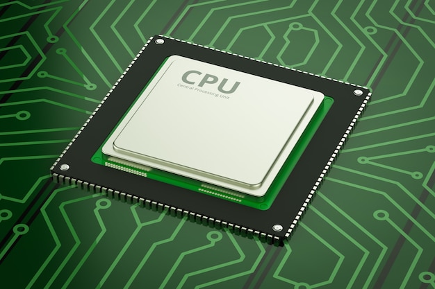 3D-Rendering-CPU-Chip auf grüner Platine