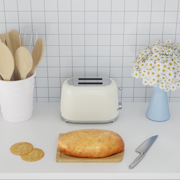 3D-Rendering Creme Vintage Electric Toaster Daisy Flower Bread